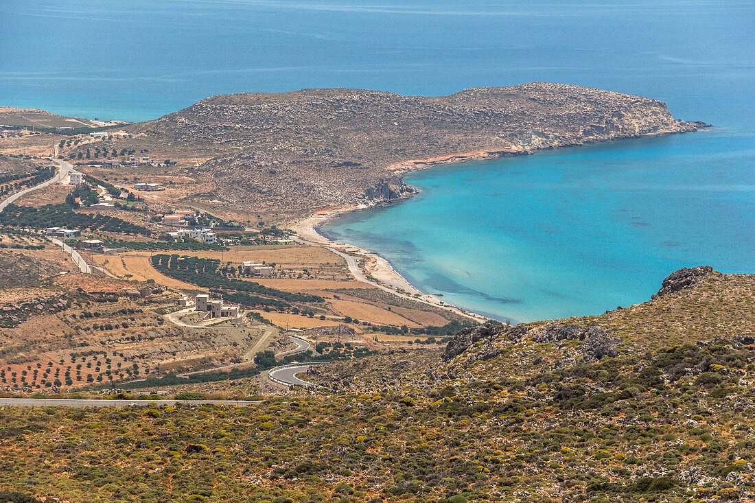 View from pass road on Xerokambos (Mazida Ammos) beach, Crete, Greece
