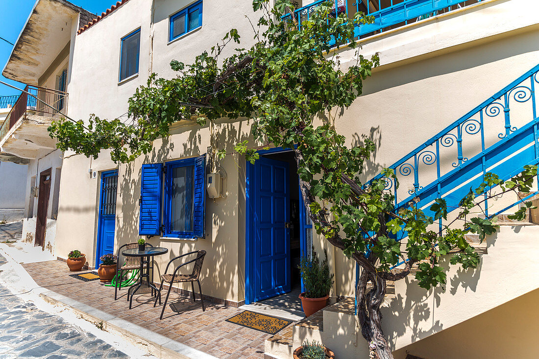 Haus mit Weinreben im kleinen Ort Pirgos Kalo Horio, Osten Kreta, Griechenland