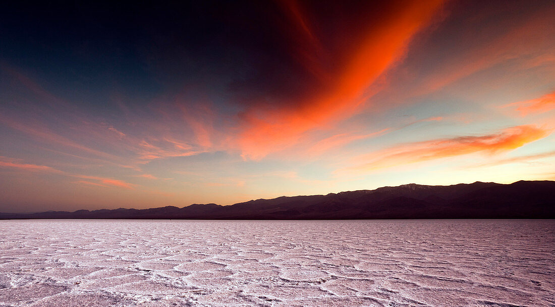 Death Valley, USA - May 6, 2010. Polygon formations of salt seen at sunset in Death Valley, California.