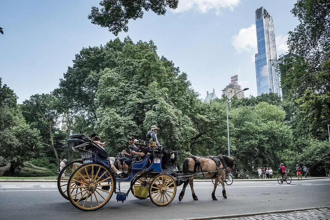 New York, United States of America - July 10, 2017. Asian tourists taking a tour on a horse-drawn carriage in Central Park.