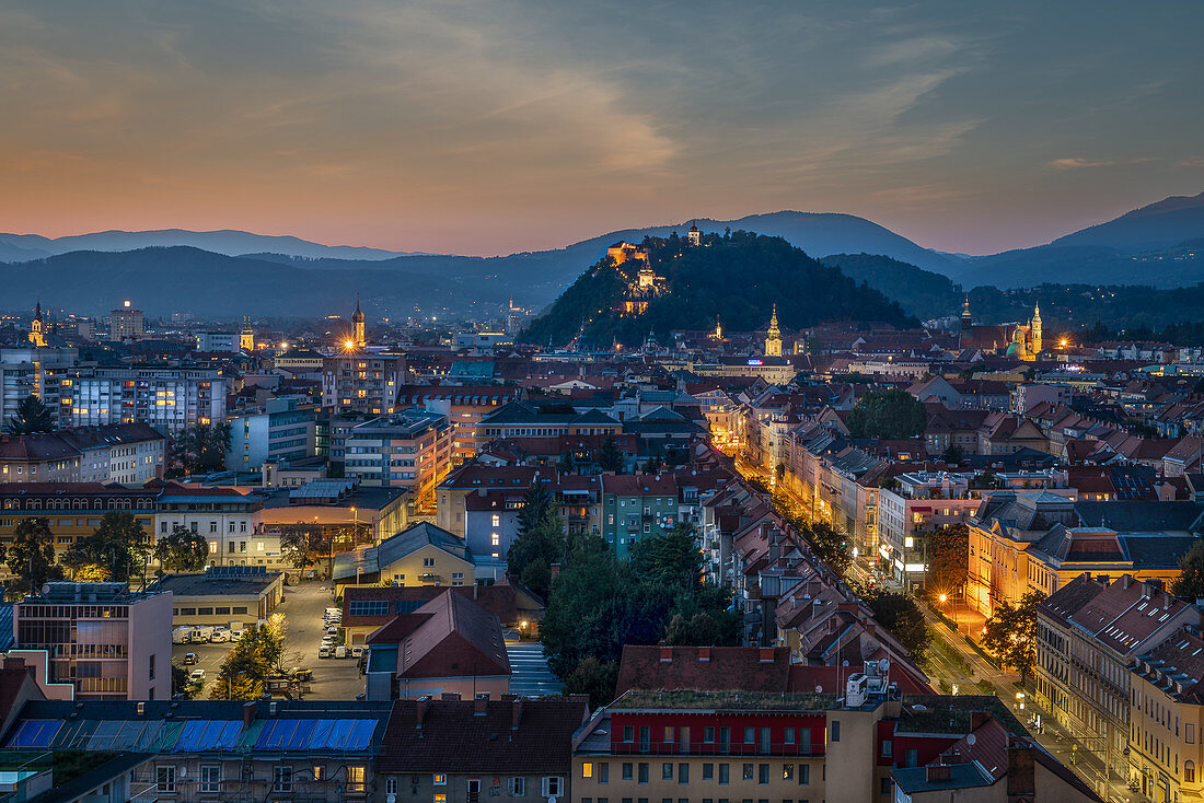 View of the historical centre and the Schlossberg, Graz, Austria