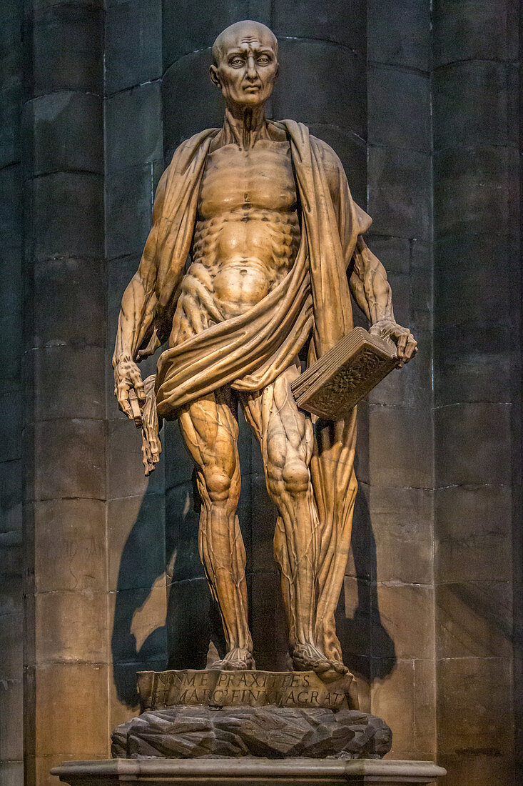 The statue of the skinned Saint Bartholomew in Milan Cathedral, Milan, Italy
