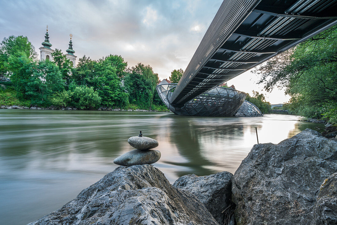 View of Mur and Murinsel, Graz, Austria