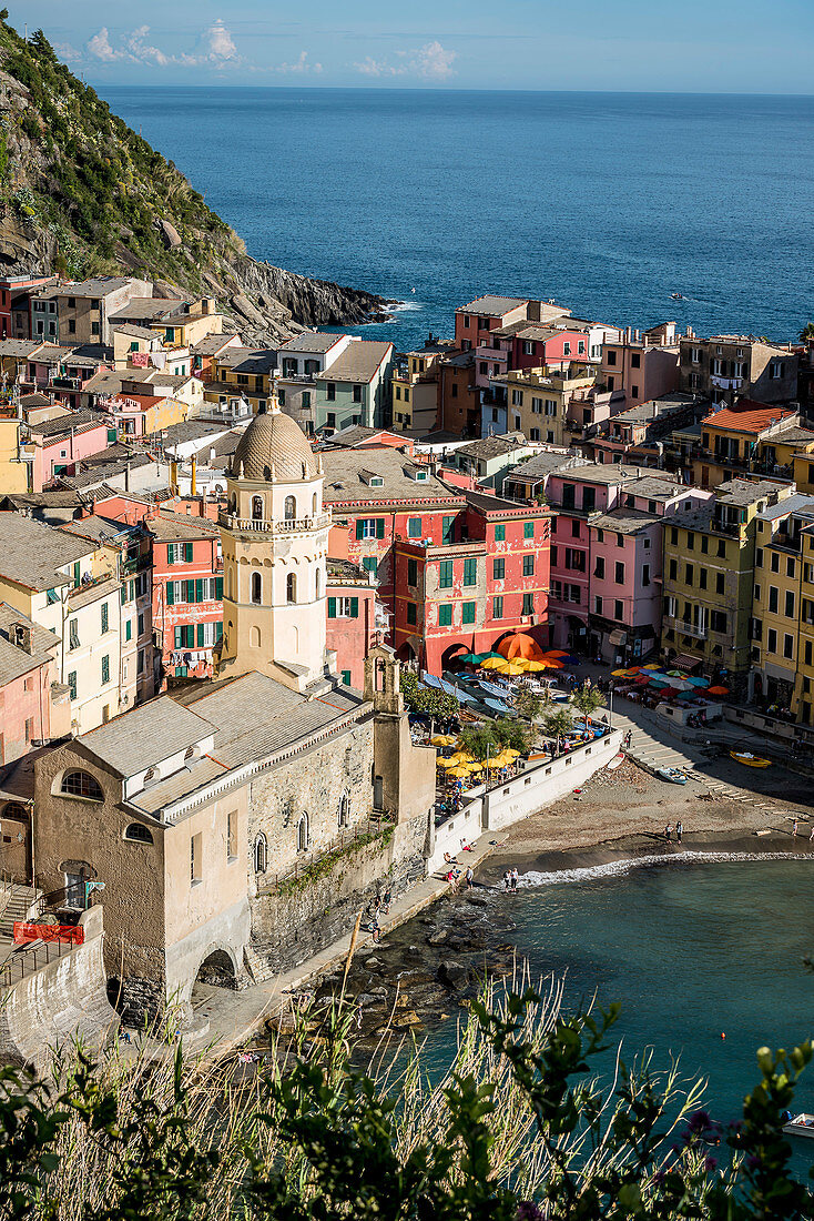 View from the top of the vineyards down to Vernazza, Cinque Terre, Italy