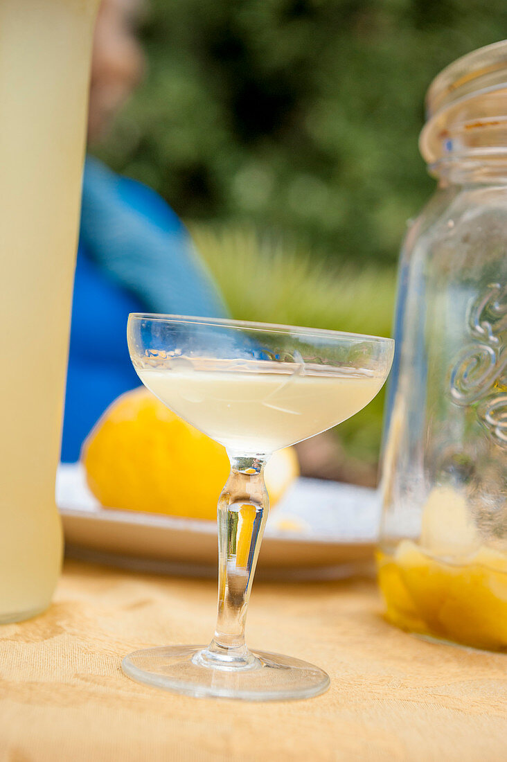 Limoncello on a patio table, Cinque Terre, Italy