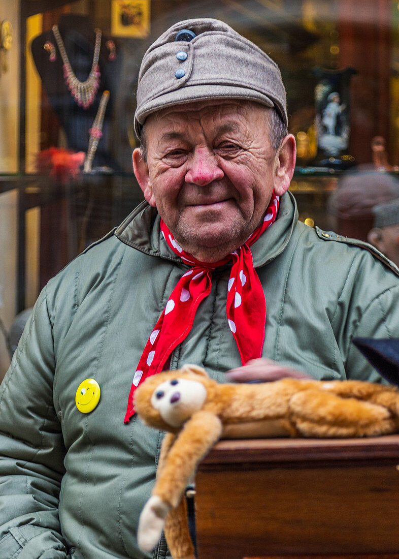 Czech puppeteer in the streets of Krumau, Czech Republic