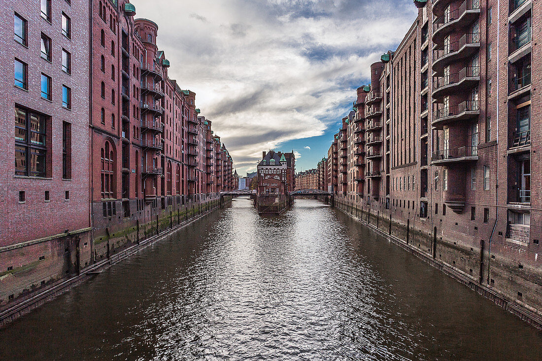 View of the hostory moated castle in the Speicherstadt, Hamburg, Germany