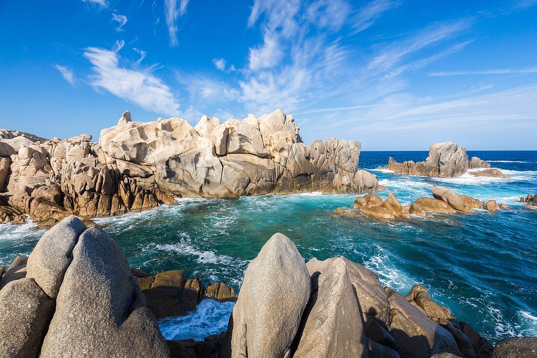 France, Corse du Sud, Belvedere Campomoro, waves on rocks sculptured by the erosion