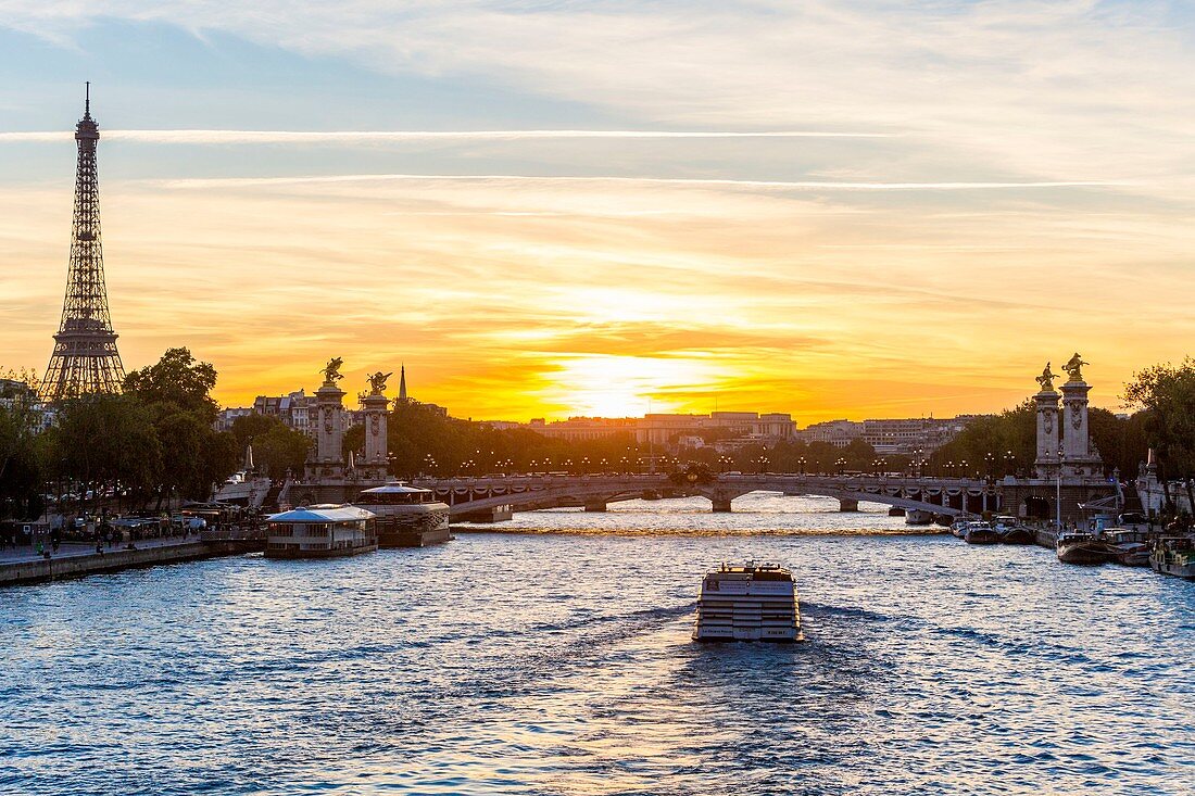 Frankreich, Paris, von der UNESCO zum Weltkulturerbe erklärtes Gebiet, ein Boot und der Eiffelturm