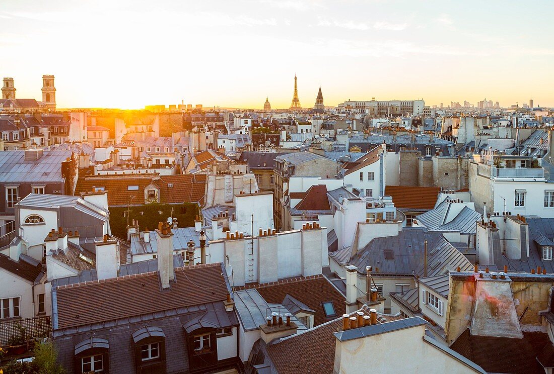 France, Paris, general view, sunset on zinc roofs