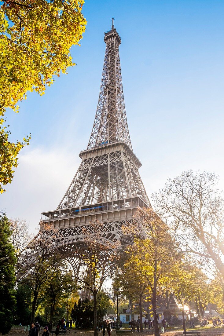 Frankreich, Paris, von der UNESCO zum Weltkulturerbe erklärtes Gebiet, die Grünanlagen Champs de Mars und der Eiffelturm im Herbst