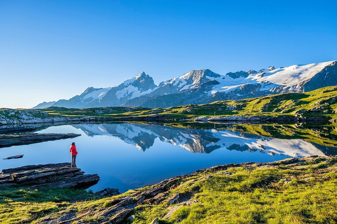 Frankreich, Hautes-Alpes, das Oisans-Massiv, Wanderung zum Plateau d'Emparis auf dem GR 54, das Meije-Massiv spiegelt sich im Lac Noir wider (2435m)