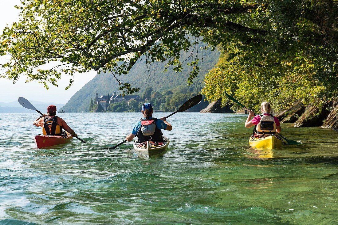 Frankreich, Savoie, Le Bourget-du-Lac, die wilde Küste, Kajakfahrer entlang der wilden Küste