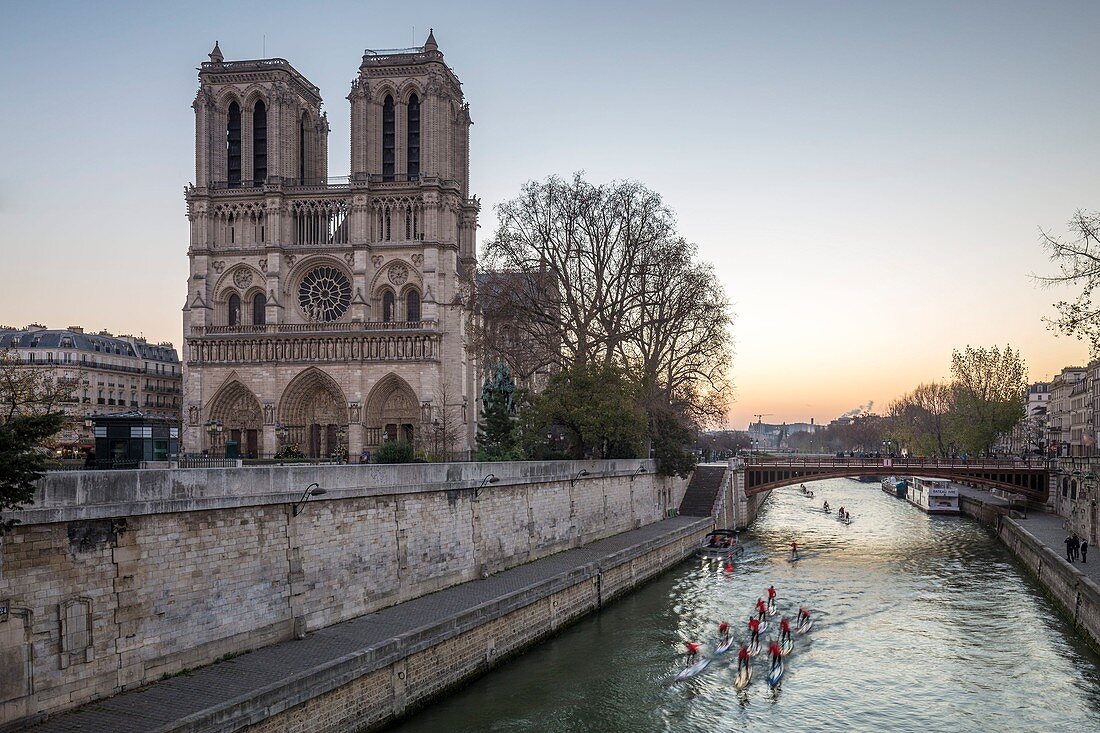 Frankreich, Paris, von der UNESCO zum Weltkulturerbe erklärtes Gebiet, Kathedrale Notre-Dame de Paris, Ile de la Cité, 600 Stand-Up-Paddling Teilnehmer waren bei der siebten Ausgabe des Nautic SUP Paris Crossing, dem weltweit größten Stand-Up-Paddling Wettbewerb