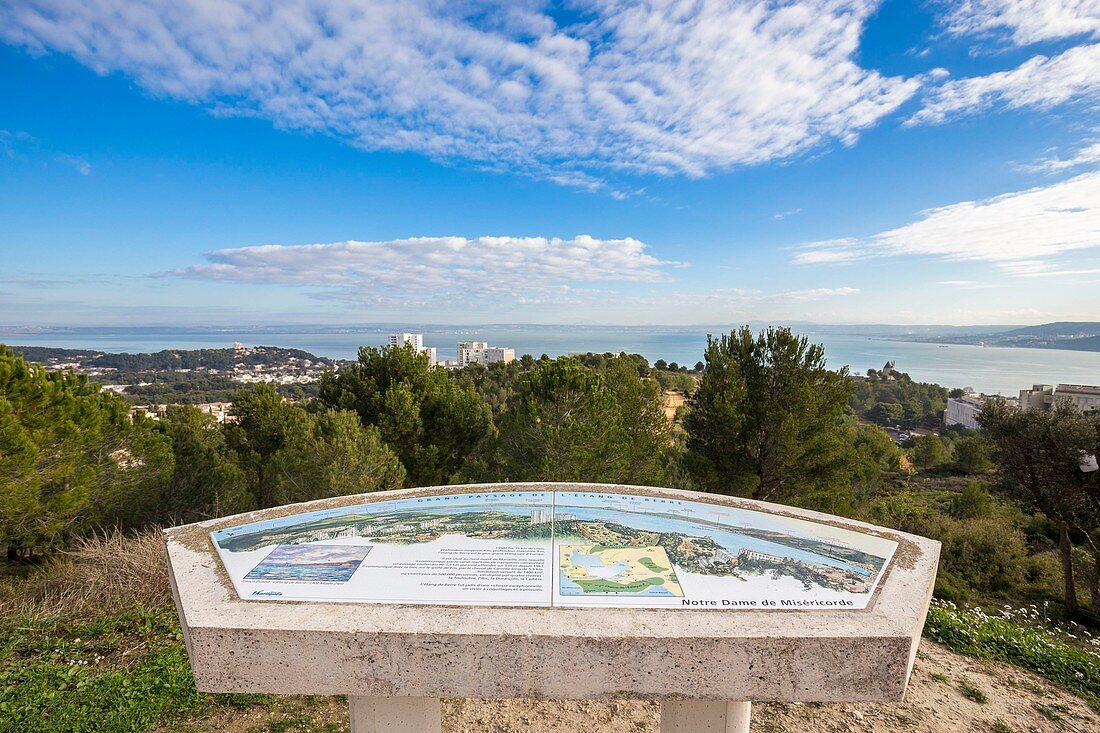 France, Bouches du Rhone, Martigues, viewpoint indicator on the metropolitan path of the GR 2013 which crosses the metropolitan area of Marseille, in background Etang de Berre