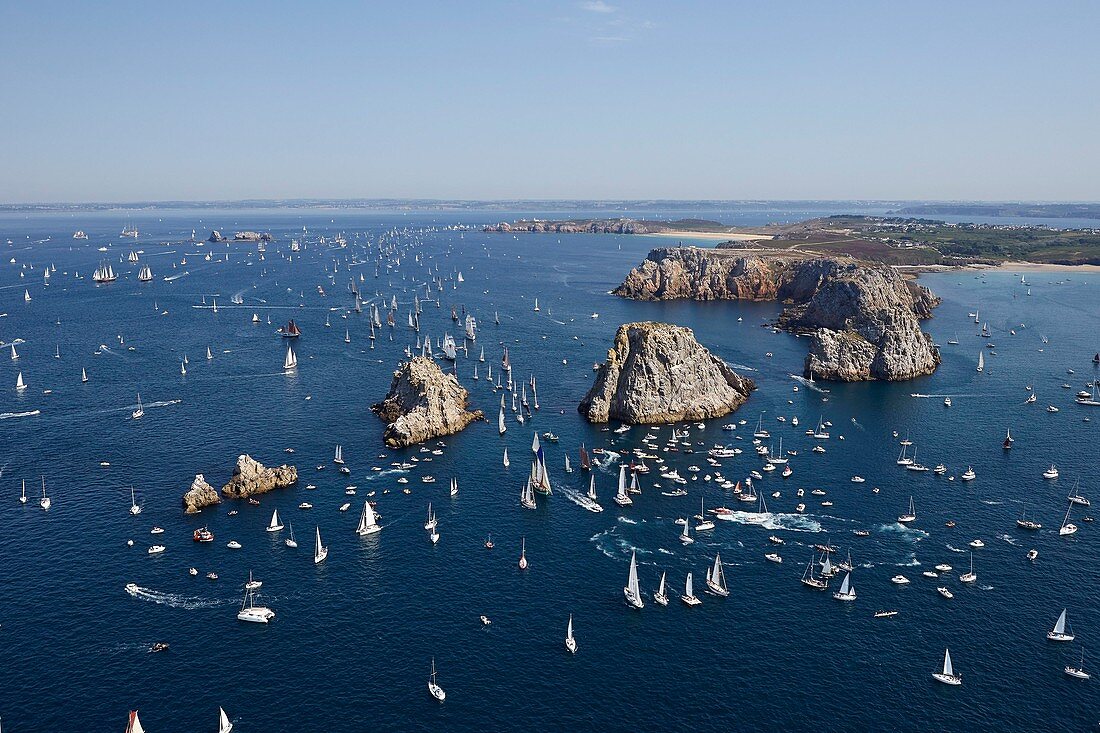 France, Finistère, Camaret sur mer, Maritime festival of Brest 2016, the great parade between Brest and Douarnenez on 19 July 2016, traditional boats in the Tas de Pois at the pointe de Pen-Hir (aerial view)