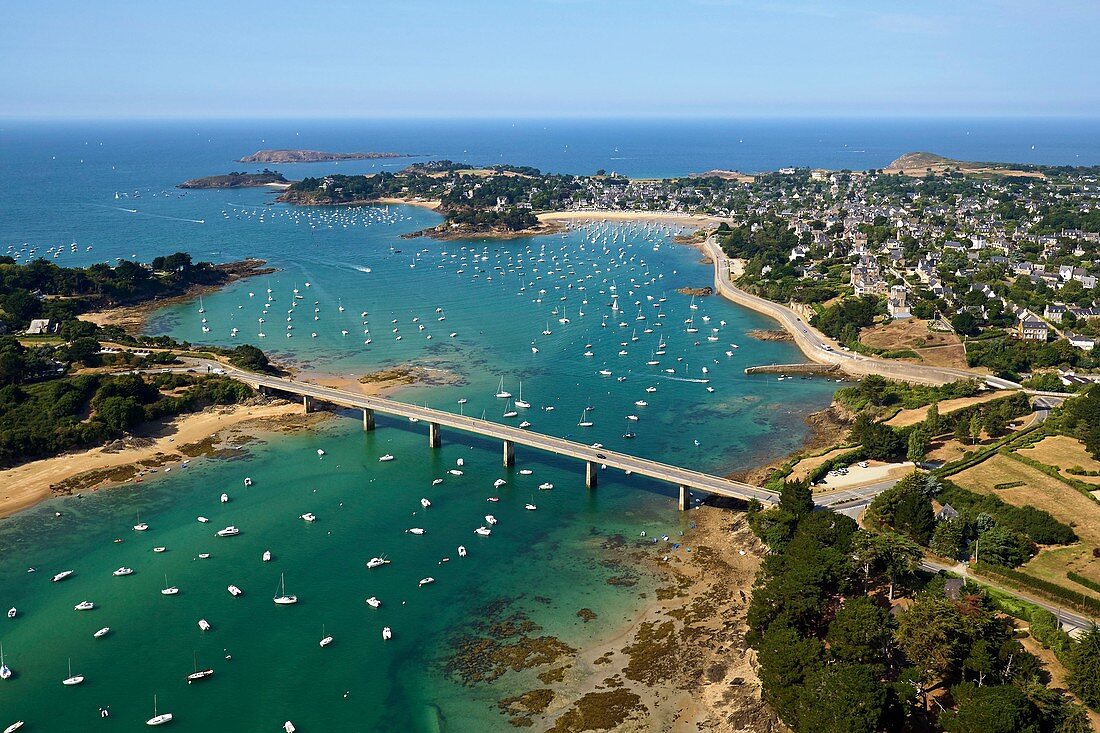 France, Ile et Vilaine, Saint Briac sur Mer, Bridge over the Fremur river (aerial view)