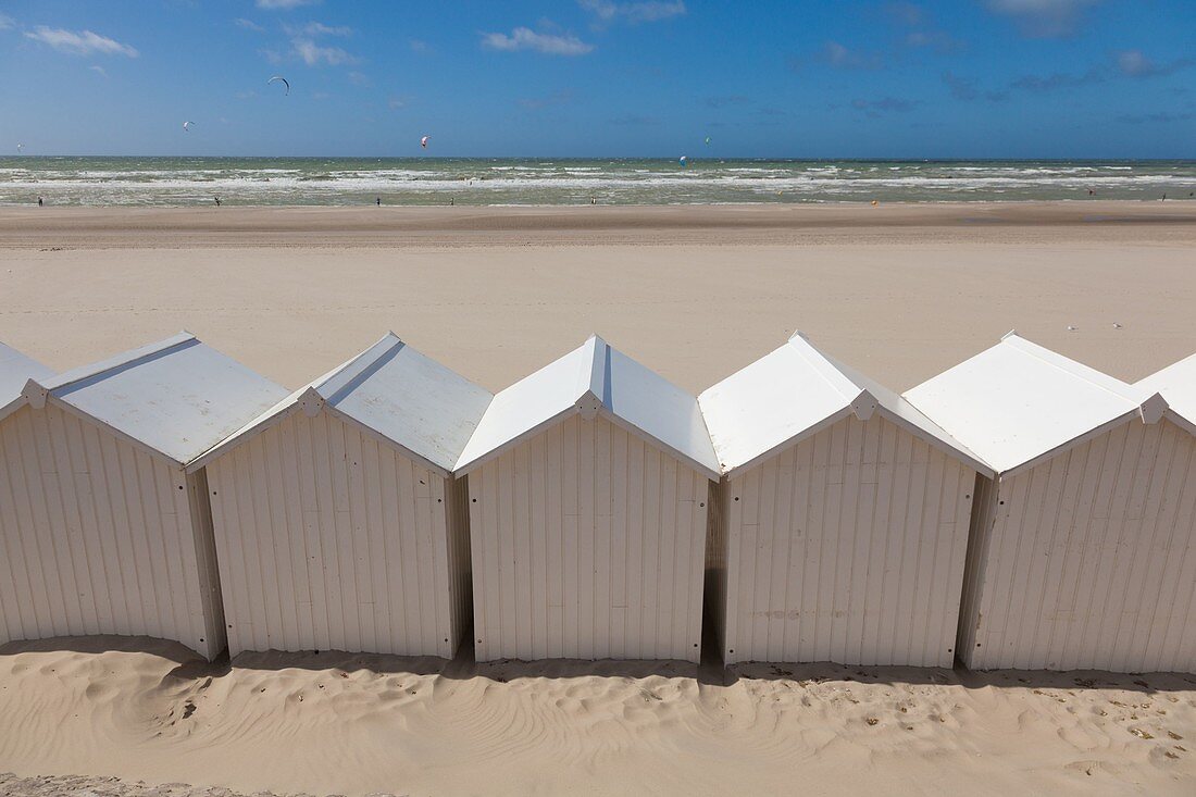 France, Somme, Fort Mahon Plage, the beach with beach huts
