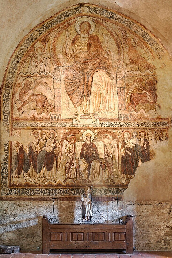 France, Haute Loire, Lavaudieu, Labeled The Most Beautiful Villages of France, St Andre abbey, Fresco of the refectory of Byzantine influence of the 12th century