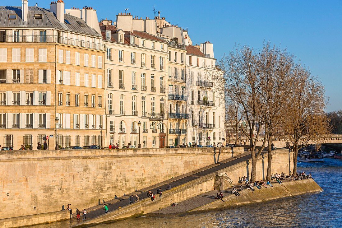 France, Paris, area listed as World Heritage by UNESCO, the banks of the Seine and the buildings of the Saint Louis island in the background
