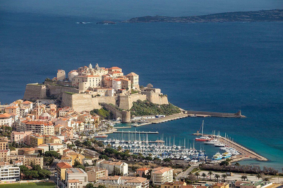 Frankreich, Haute-Corse, Balagne, Calvi und die genuesische Zitadelle in der Bucht von Calvi