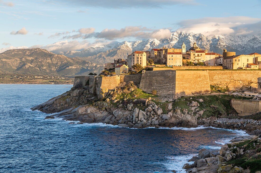 France, Haute Corse, Balagne, Calvi, the ramparts of the Genoese citadel, in background the massif of Monte Grosso