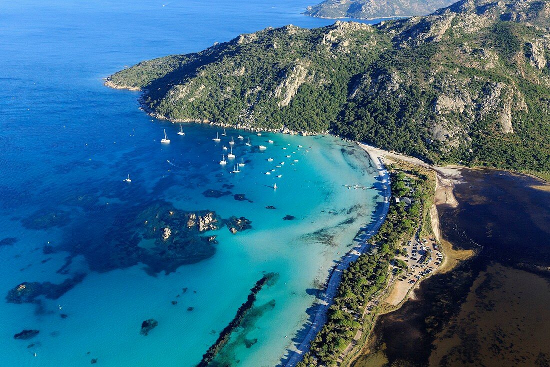 France, Corse du Sud, Gulf of Santa Giulia, south of Porto Vecchio, pond of Santa Giulia (aerial view)