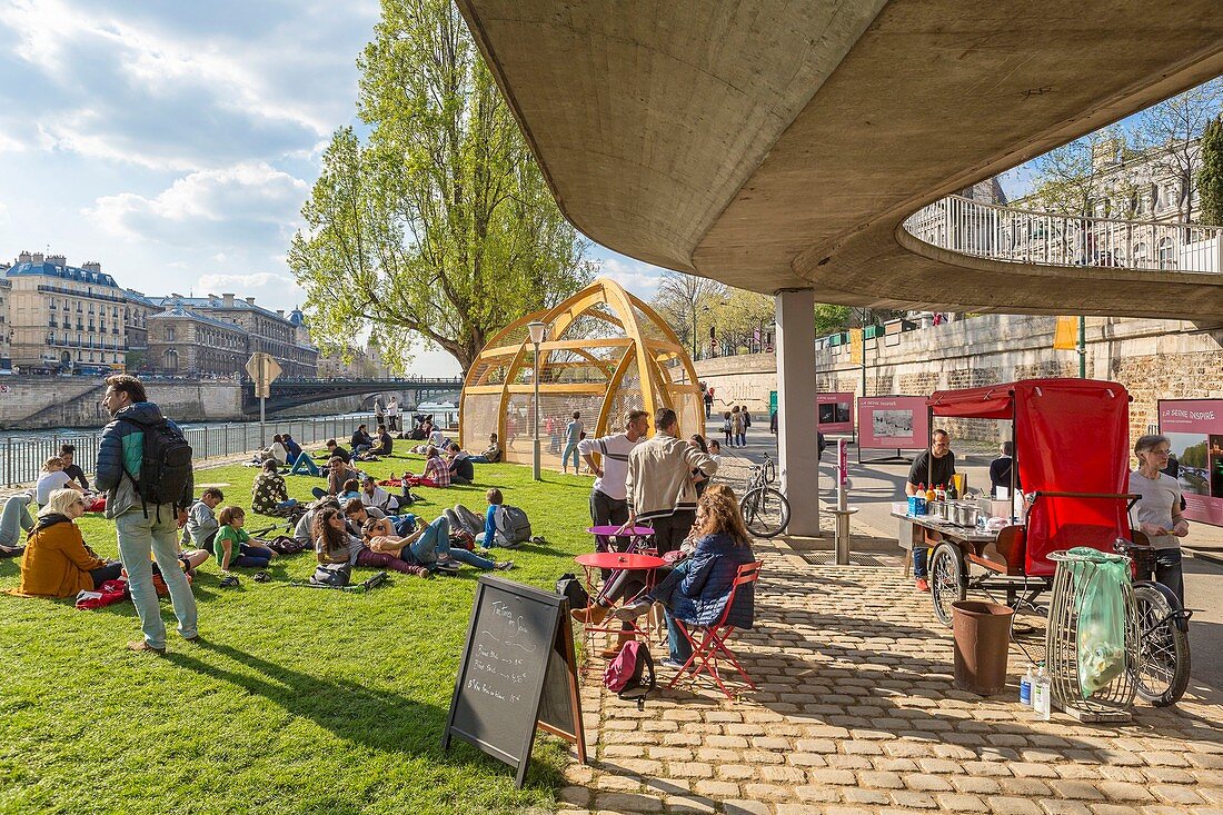France, Paris, area listed as World Heritage by UNESCO, the Rives de Seine park, new railway track development inaugurated on 02/04/2017