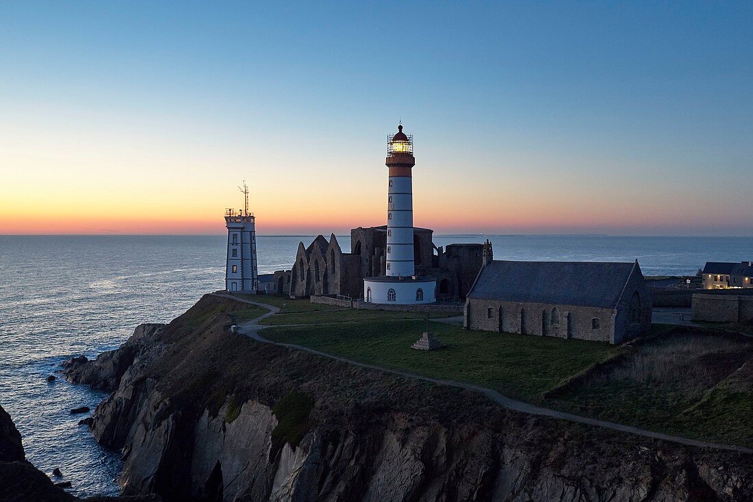 France, Finistere, Plougonvelin, start on El Camino de Santiago, Pointe de Saint Mathieu and Iroise Sea, St Mathieu Lighthouse, St Mathieu de Fine Terre Abbey and semaphore (aerial view)