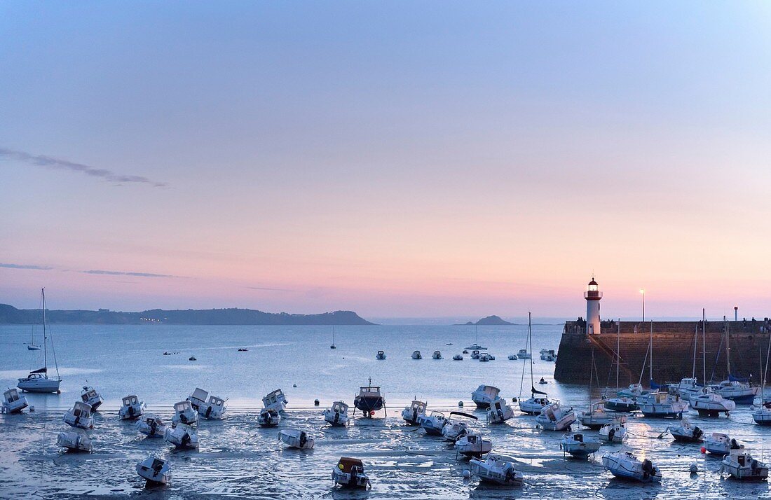 France, Cotes d'Armor, Erquy harbour after sunset