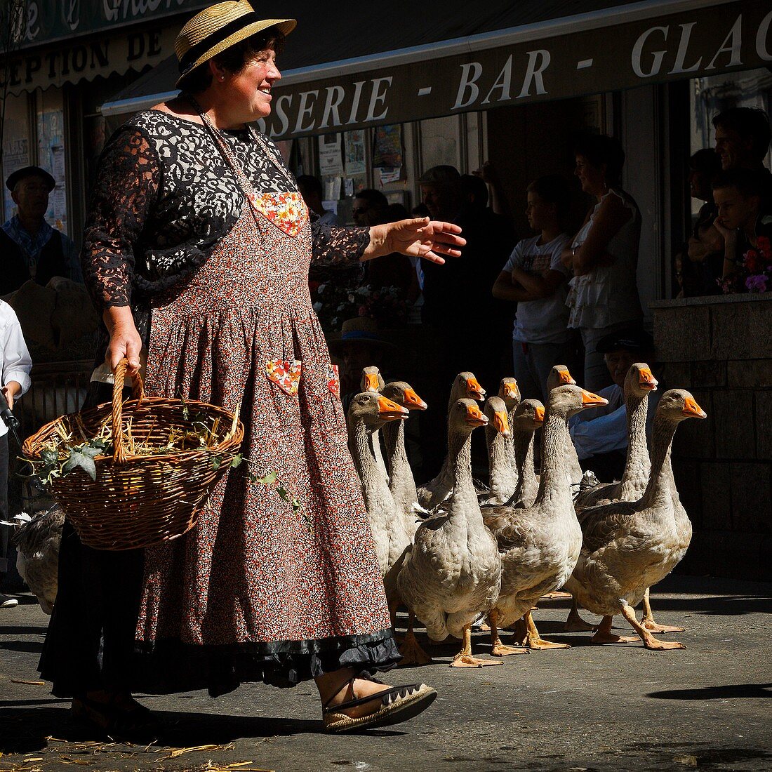 Frankreich, Ariege, Saint-Girons, Ehemalige Couserans, Szene des Lebens während der Tage der ländlichen Animationen über die alten Berufe vergangener Zeiten in den Couserans, Volksparade in den Straßen von Saint-Girons