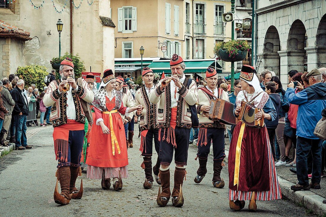 France, Ariege, Seix, Transhumance celebration, scene of life in Seix during the festival of the transhumance of the herds in the mountains in the beginning of the summer, folkloric parade on the streets of Seix