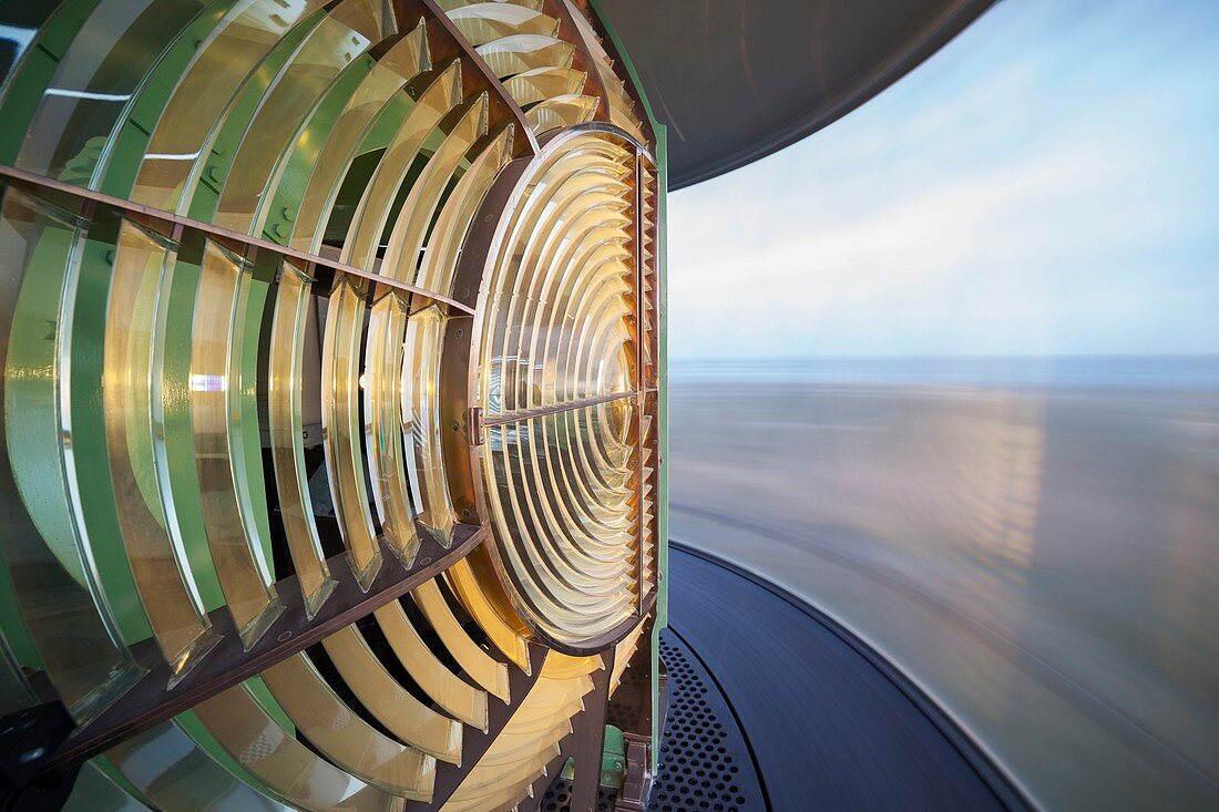 France, Finistere, Ouessant, Armoric Natural Regional Park, Ponant island, The rotation of the huge Fresnel lens of the Creac'h lighthouse, Historical monument classified