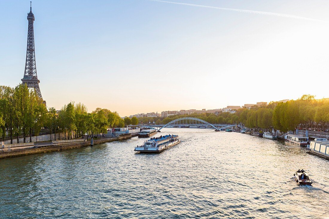 France, Paris, area listed as World heritage by UNESCO, the Eiffel Tower and a boat