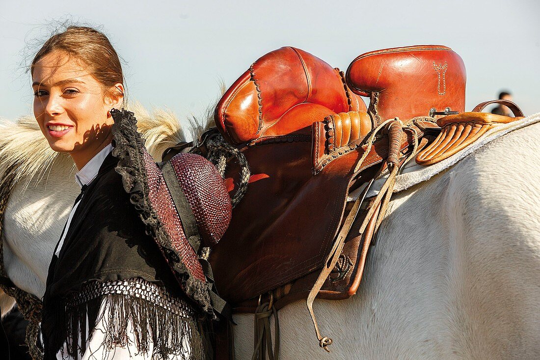 France, Gard, Aigues Mortes, Aigues Mortes festivity, young rider at the bullfighting