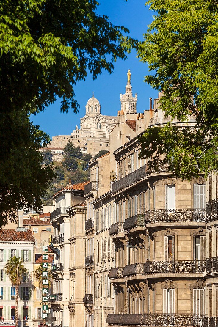 France, Bouches du Rhone, Marseille, buildings and Notre Dame de la Garde