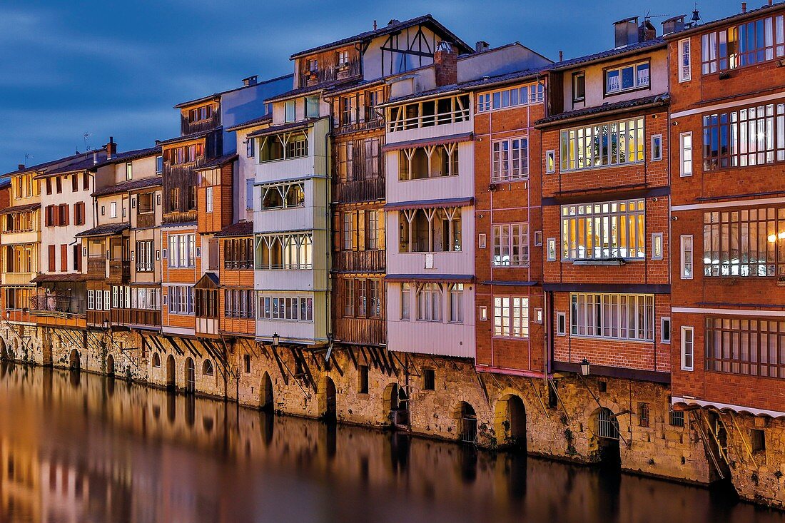 France, Tarn, Castres, view of the facades of houses on the banks of the river Agout