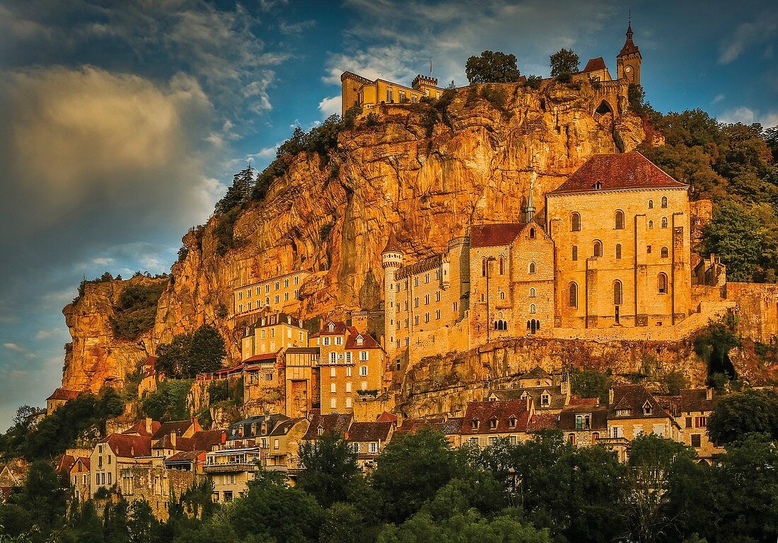 France, Lot, listed at Great Tourist Sites in Midi Pyrenees, Rocamadour, Natural regional park Causses du Quercy, listed as World Heritage by UNESCO, the village lit by the morning sun