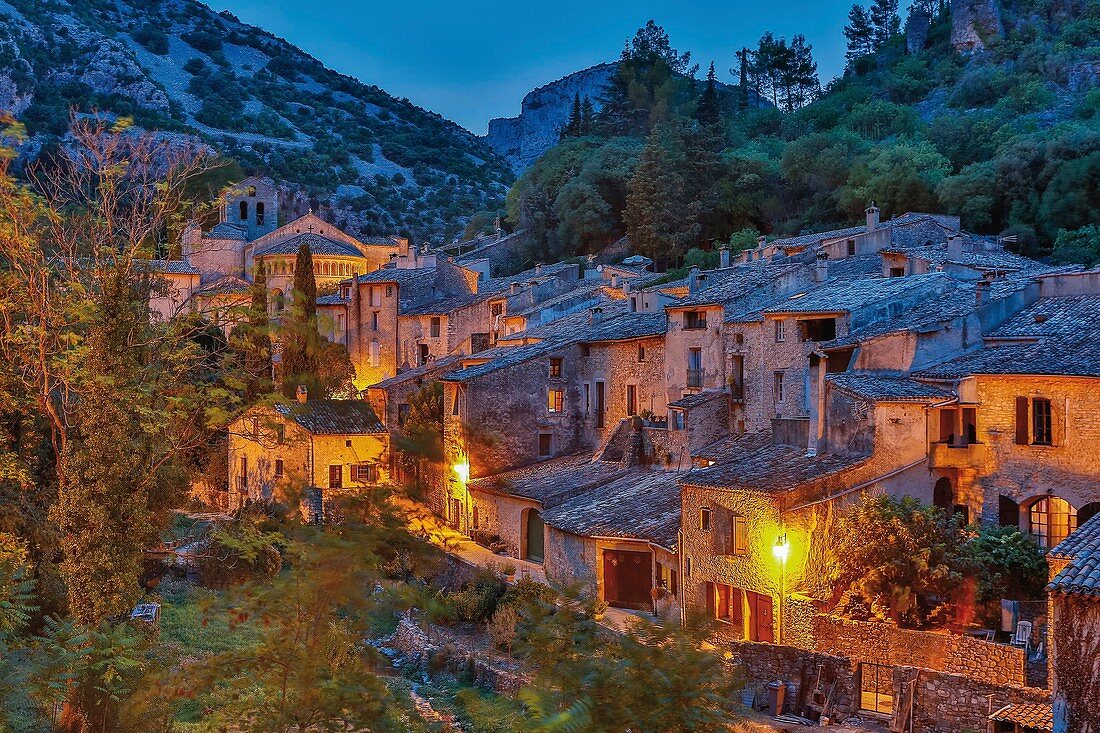 France, Herault, St. Guilhem le Desert, France, Herault (34), Parc Naturel Regional du Haut Languedoc , Minerve, listed as The most beautiful villages in France, overview of the village night