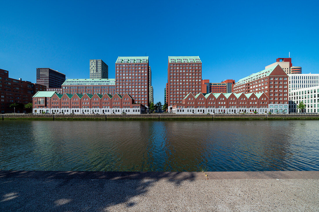 Das Hafenbecken Spoorweghaven bei klarem blauem Himmel im Sommer, Stadtteil Zuid, Rotterdam, Niederlande