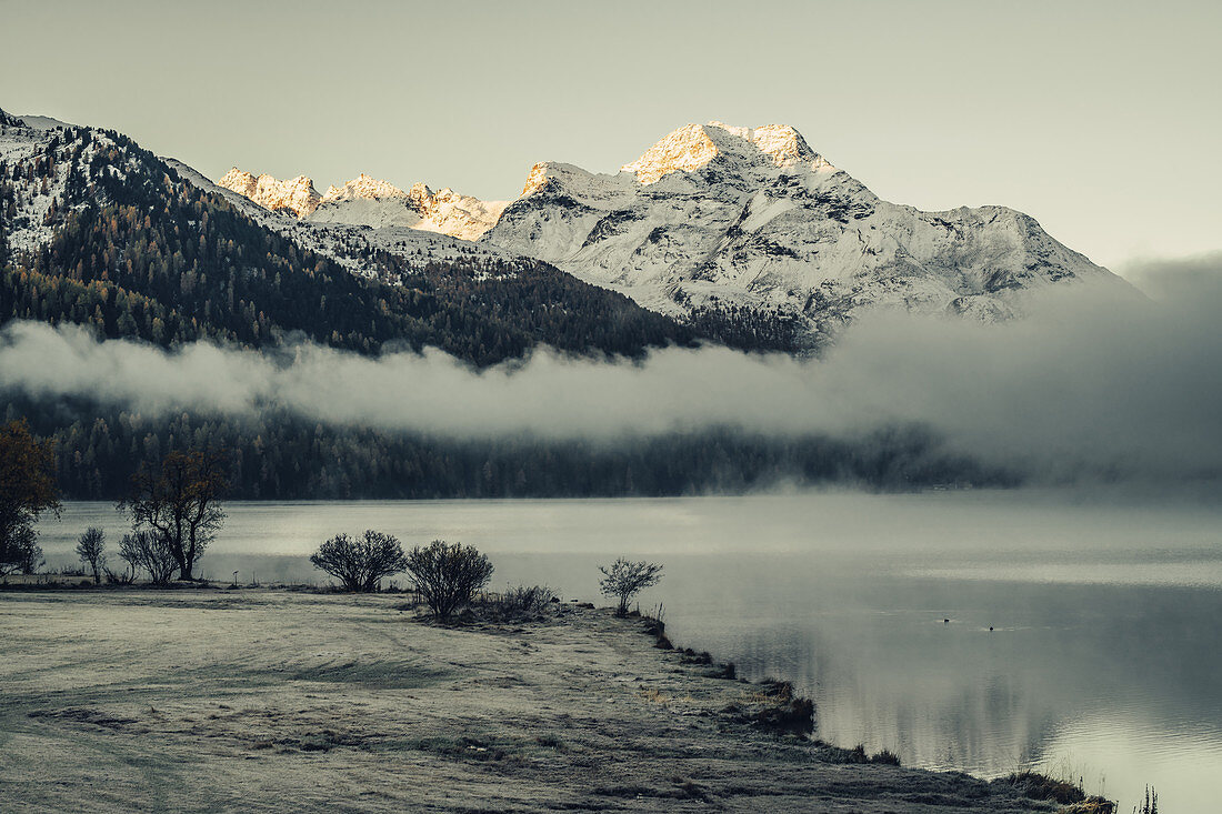 Lake Silvaplana at fog in sunrise, in the Upper Engadine, St. Moritz in the Engadine, Switzerland