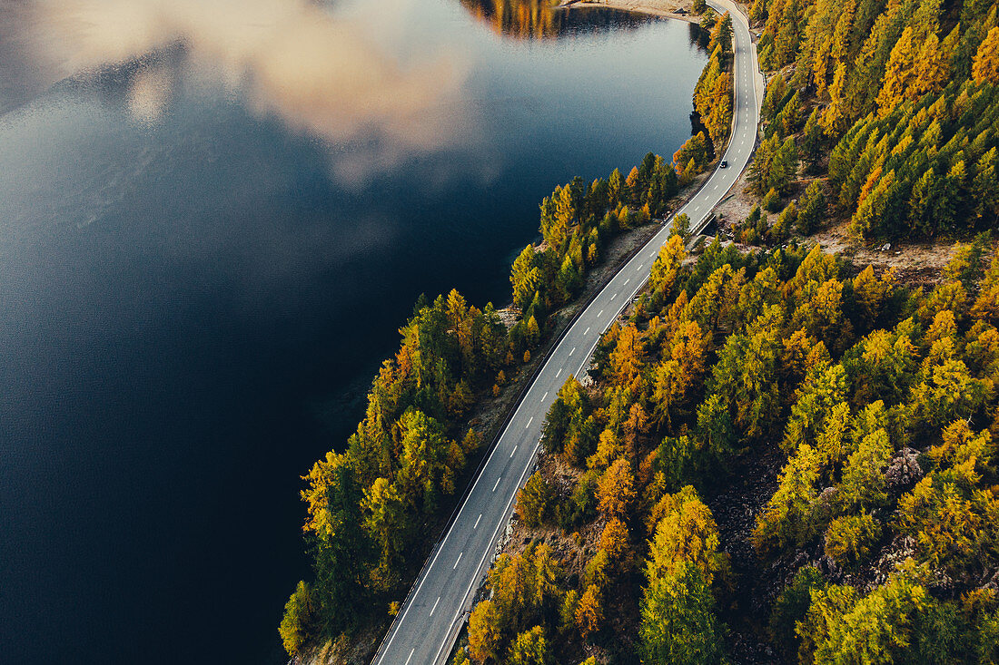 Lake Sils at sunrise in the Upper Engadine, St. Moritz in the Engadine, Switzerland