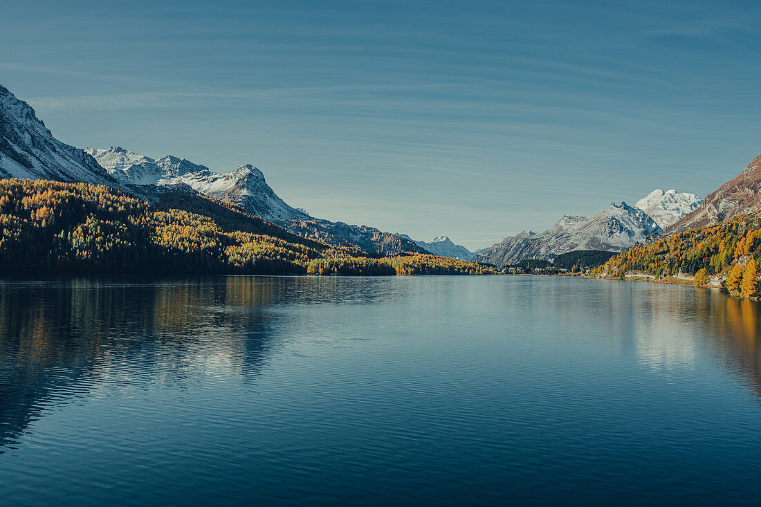 Lake Sils at sunrise, Oberengadin, Sankt Moritz im Engadin, Switzerland, Europe