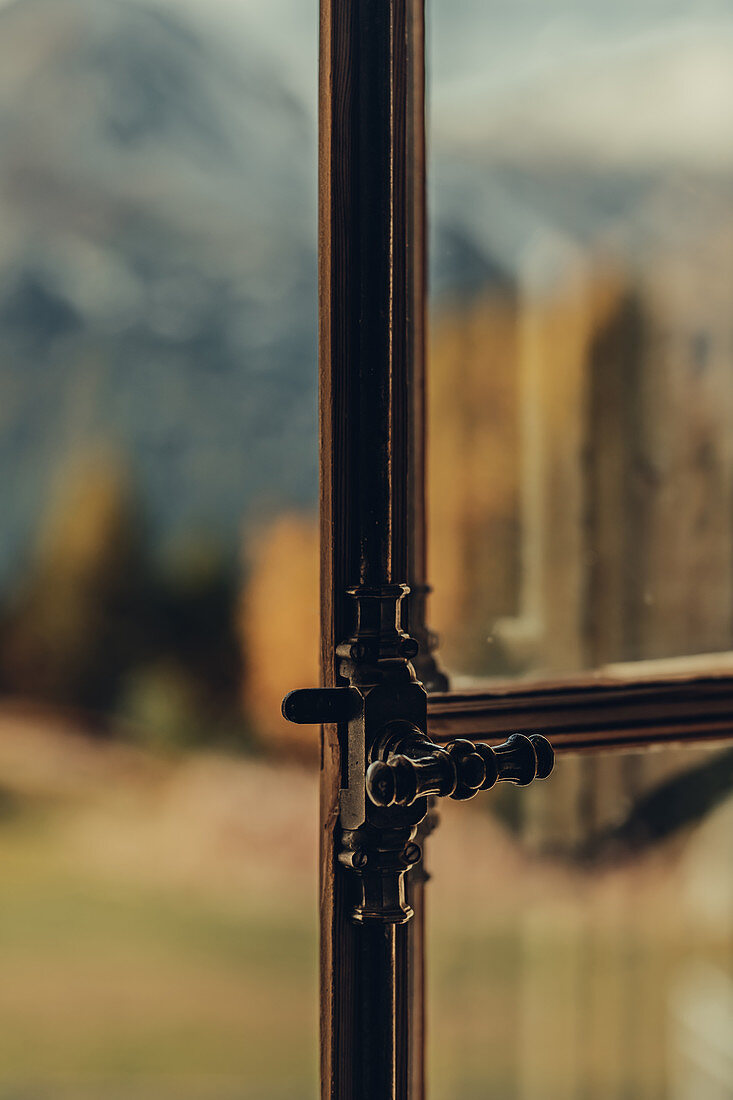 View from the window of mountains in autumnal Maloja, Upper Engadine, Engadine, Switzerland, Europe