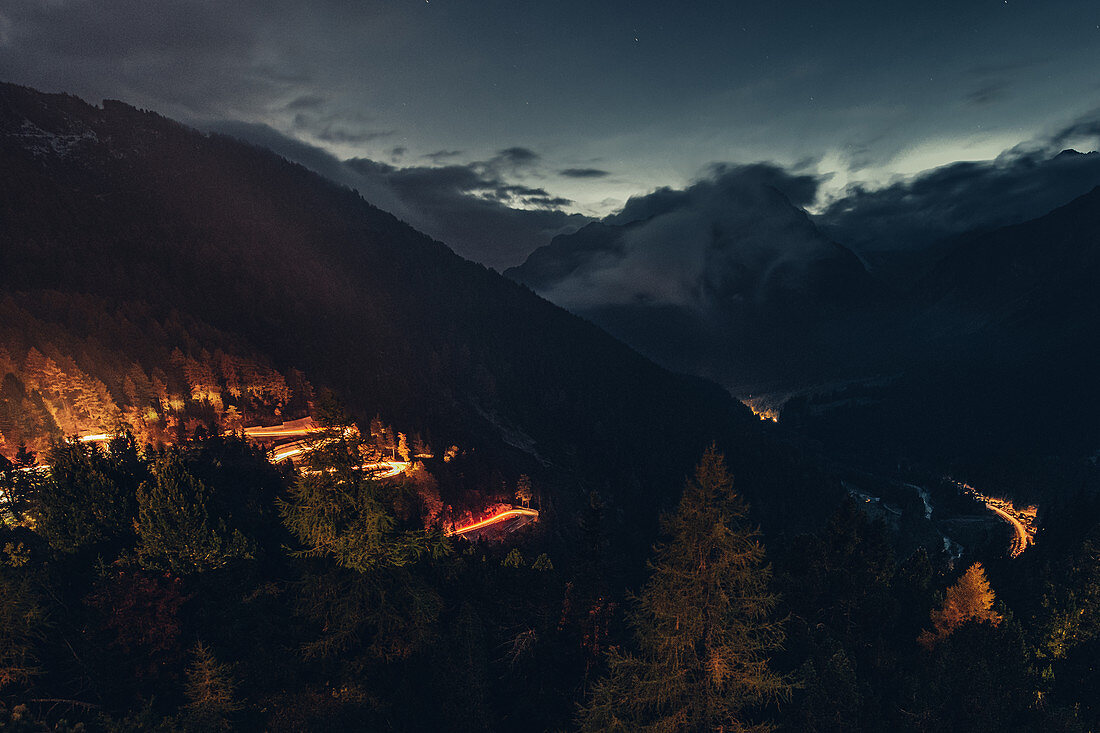 Maloja pass in evening mood, Maloja, Castasegna, Upper Engadine, Engadine, Switzerland, Europe