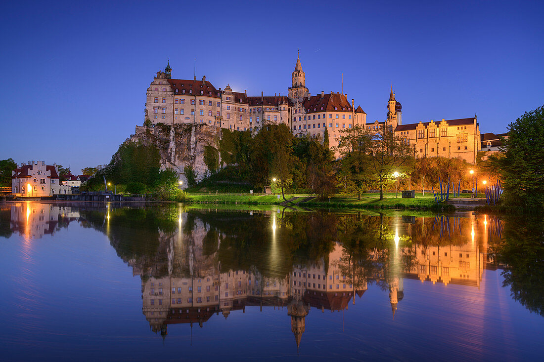 Schloss Sigmaringen, beleuchtet, spiegelt sich in der Donau, Schwan im Vordergrund, Sigmaringen, Donau-Radweg, Baden-Württemberg, Deutschland