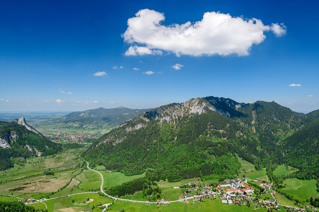 Deep view of Kofel, Weitmoos, Laber, Ettaler Manndl and Ettal Abbey, from the Notkarspitze, Ammergau Alps, Upper Bavaria, Bavaria, Germany