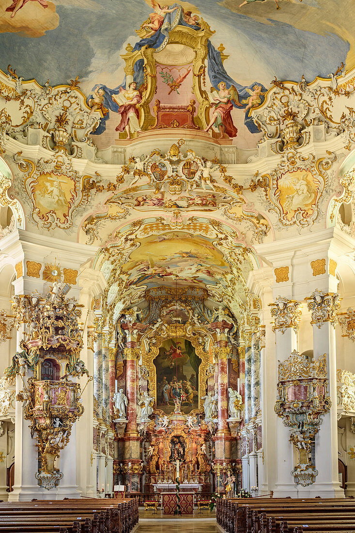 Altar und Deckengewölbe der Wieskirche, Wieskirche, Pfaffenwinkel, UNESCO Welterbe, Oberbayern, Bayern, Deutschland