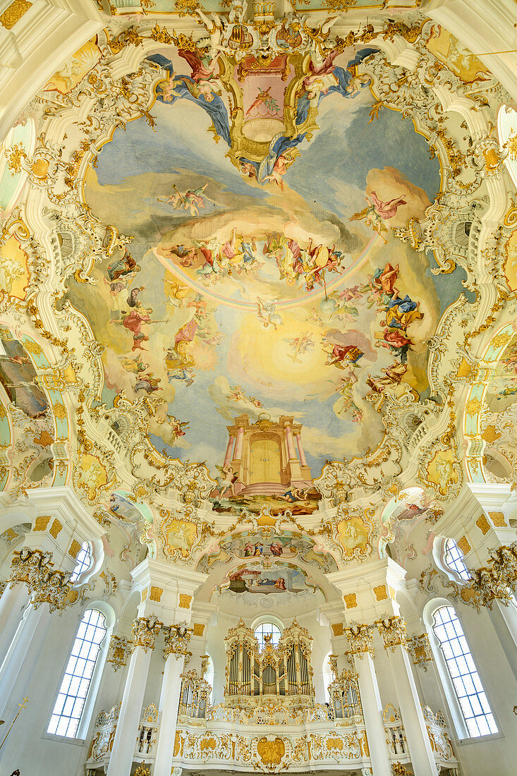 Orgel und Deckengewölbe der Wieskirche, Wieskirche, Pfaffenwinkel, UNESCO Welterbe, Oberbayern, Bayern, Deutschland