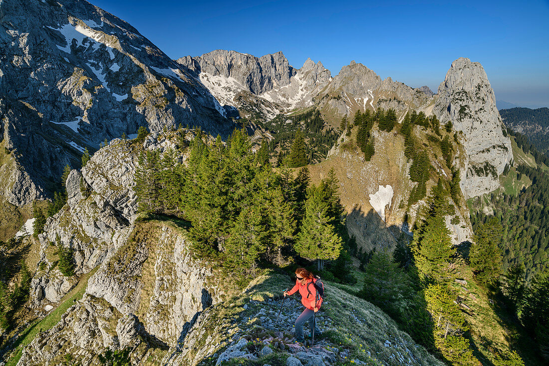Woman hiking hikes to Kenzenkopf, crow, Gabelschrofen, Gumpenkarspitze and Geiselstein in the background, Kenzenkopf, Ammergau Alps, Swabia, Bavaria, Germany